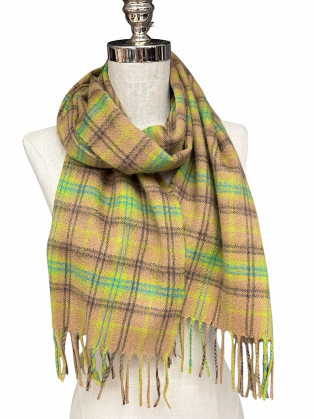 Amicale 100% Wool Plaid Scarf Camel Neon Chartreuse Blue Fringe Unisex